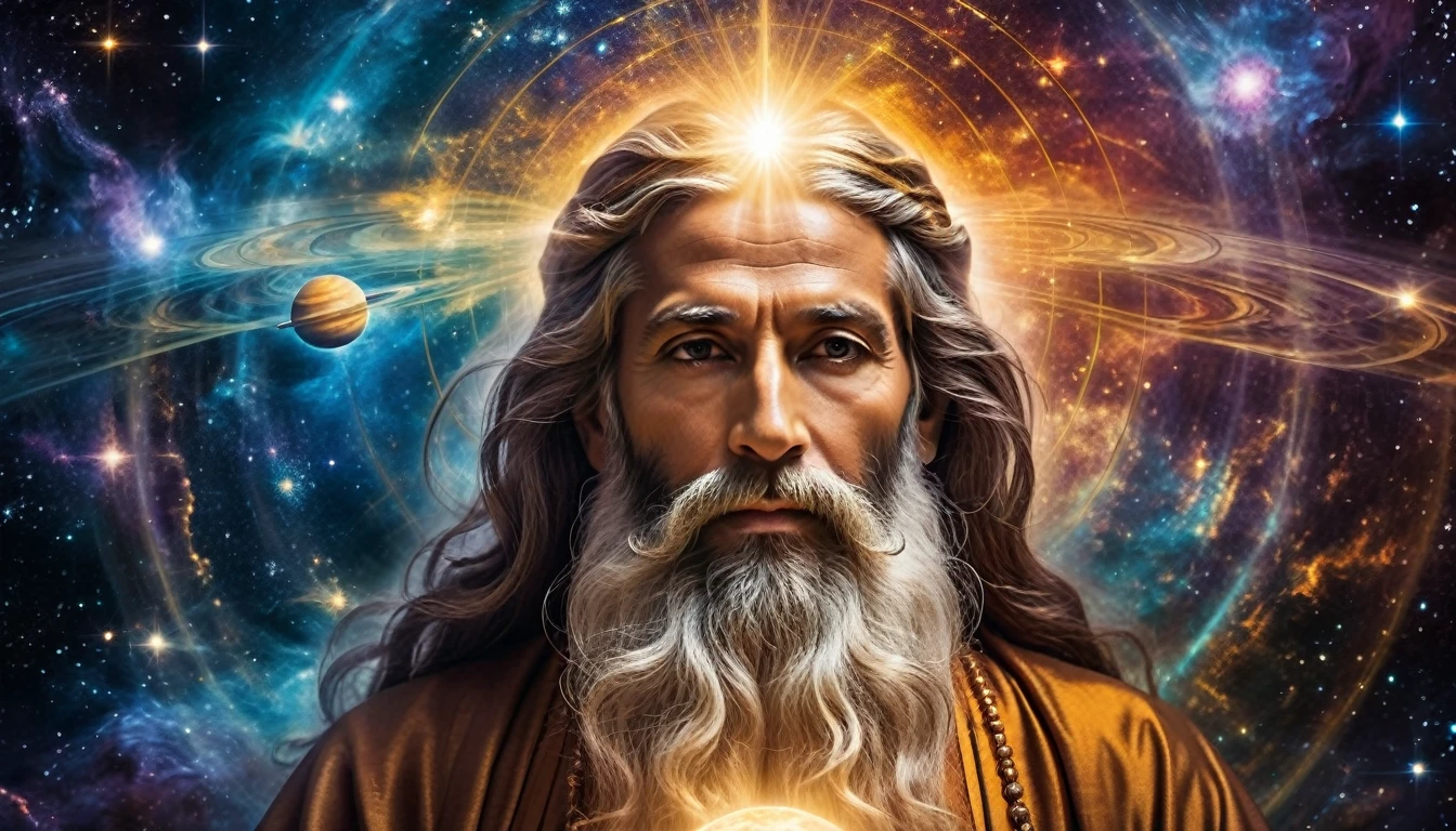 Create an image that depicts a mystical figure with divine features, The figure must have a wise and venerable appearance, with long hair and beard, and be immersed in a cosmic setting. Your brain should be visible and illuminated, connected to planets and galaxies through filaments of energy and light. The figure's hand must be extended, interacting with a spiral galaxy, symbolizing control and harmony with the universe. Use a vibrant color palette, including blue, oranges and whites, to create heavenly contrast and a stunning visual effect