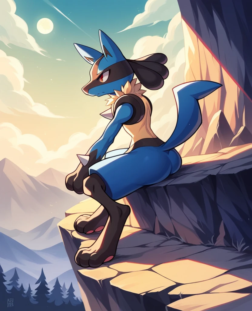 Lucario, Pokémon, full body surrounded by rays, the character must be looking at the sky, Mountainous landscape with the moon on top of a mountain, design original de pokémon, until, standing alone, Night with rays, moment of emotional solitude sitting wearing a maid outfit