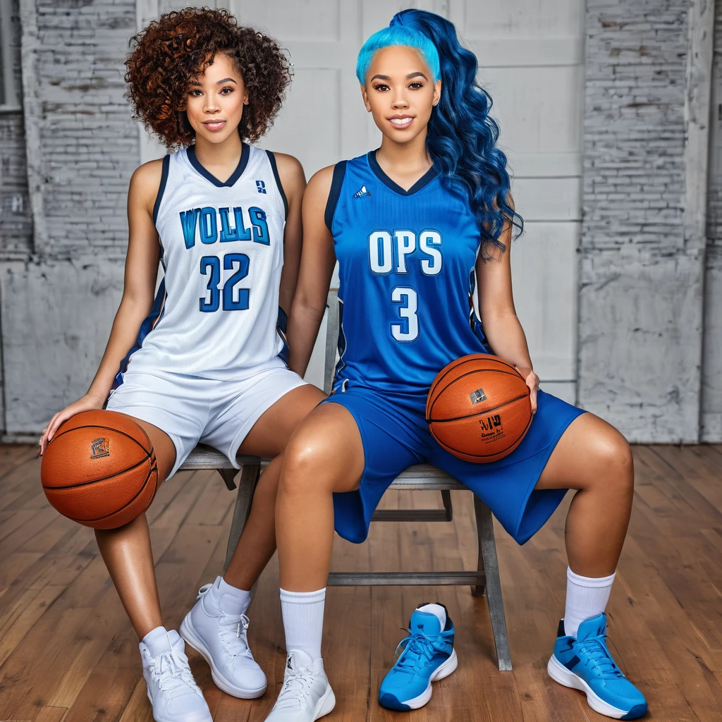 1 beautiful biracial woman blue hair and 1 beautiful biracial woman brown hair, basketball jersey, extremely detailed full body