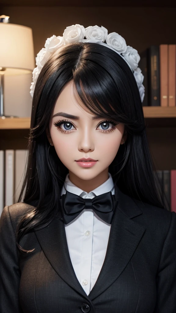 Create a beautiful executive woman at work who has black hair, big eyes, very beautiful. 
