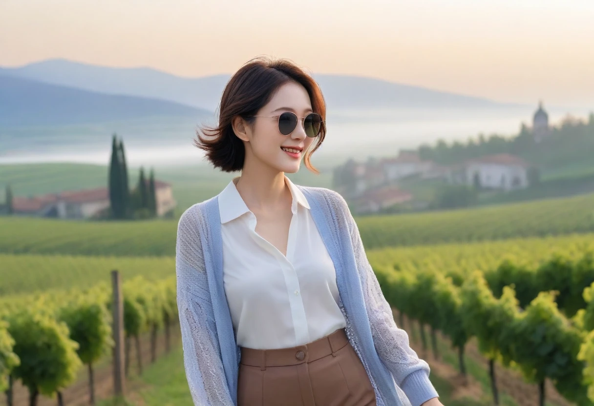 8k best picture quality, Beautiful 36-year-old Korean woman, Chest size 34 inches, northern italy countryside dawn, View of the cathedral next to the vineyards, The back background is realistic and vivid quality., Short hair, High-end luxury brand white shirt and cardigan, Wear casual pants, Smile slightly. the background is clear, It is spring, when grapes have not yet ripened. Standing on a hill on a curved path overlooking a vineyard covered in thick fog, Clear picture quality, Wear high-end luxury brand sunglasses, sunglasses with clear lines, Spring landscape without grapes, Well-groomed hair, Pretty and beautiful like a model, wearing a short cardigan. Well-groomed hair, Dress modestly