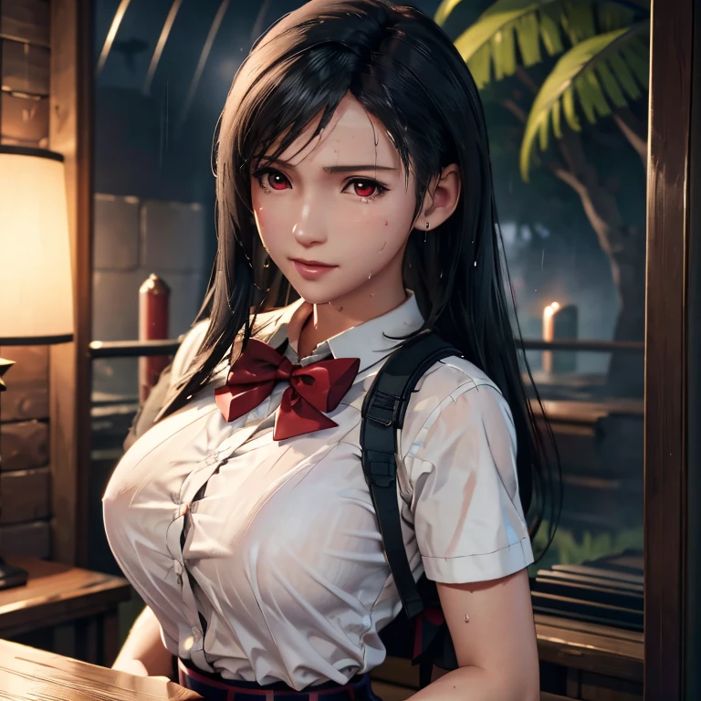 (masterpiece, best quality:1.2), solo, 1girl, school girl uniform , steam , rain , plaid skirt , pleated skirt , The shirt is tight. , white shirt , school girl , red bow , red knot , highly detailed photo of Tifa Lockhart posing, final fantasy 7 remake, red eyes, intricate, highres, 8k, detailed hair , wet and sweaty , wet white shirt , Nipples can be seen through ,
