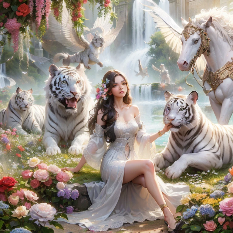 Woman sitting in a flower bed next to a white horse and a white tiger, very beautiful fantasy art, beautiful fantasy art, beautiful fantasy painting, fantasy beautiful, beautiful detailed fantasy, beautiful art uhd 4 k, Breathtaking fantasy art, beautiful fantasy, Fantasy Paintings HD, Amazing fantasy art, Detailed fantasy digital art, HD fantasy art, Digital Art Fantasy Art, masterpiece, Highest quality:1.2),(8k,High resolution,RAW Photos,Realistic,photo-Realistic:1.3),(Detailed skin texture,Detailed cloth texture,beautiful detailed face:1.25),Professional Lighting,Photon Mapping,beautiful soft light,Radio City,Physically Based Rendering,Model shooting style, Model shooting style, (Very detailed CG Unity 8k wallpaper), full shot body photo of the most beautiful artwork in the world, Complex3Dレンダリング超詳細, View your viewers, 18, Wet Hair, Real human skin, Vivid details, hyperRealistic, beautiful, Octane Rendering, an extremely delicate and beautiful, Very detailed ,CG ,Unity ,wallpaper,wonderful, In detail,Official Art,Very detailed目, (Perfect Face), Glowing Skin, colorful, Most detailed, Vibrant colors, 超High resolution, (High Contrast), Complex, Lens flare, (((Browsing Caution))), (((Nipples)))
