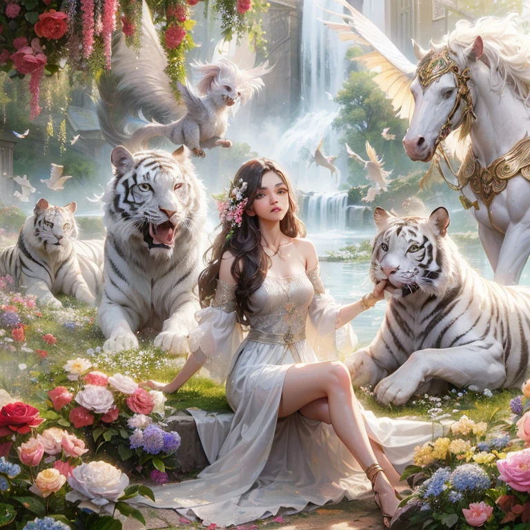 Woman sitting in a flower bed next to a white horse and a white tiger, very beautiful fantasy art, beautiful fantasy art, beautiful fantasy painting, fantasy beautiful, beautiful detailed fantasy, beautiful art uhd 4 k, Breathtaking fantasy art, beautiful fantasy, Fantasy Paintings HD, Amazing fantasy art, Detailed fantasy digital art, HD fantasy art, Digital Art Fantasy Art, masterpiece, Highest quality:1.2),(8k,High resolution,RAW Photos,Realistic,photo-Realistic:1.3),(Detailed skin texture,Detailed cloth texture,beautiful detailed face:1.25),Professional Lighting,Photon Mapping,beautiful soft light,Radio City,Physically Based Rendering,Model shooting style, Model shooting style, (Very detailed CG Unity 8k wallpaper), full shot body photo of the most beautiful artwork in the world, Complex3Dレンダリング超詳細, View your viewers, 18, Wet Hair, Real human skin, Vivid details, hyperRealistic, beautiful, Octane Rendering, an extremely delicate and beautiful, Very detailed ,CG ,Unity ,wallpaper,wonderful, In detail,Official Art,Very detailed目, (Perfect Face), Glowing Skin, colorful, Most detailed, Vibrant colors, 超High resolution, (High Contrast), Complex, Lens flare, (((Browsing Caution))), (((Nipples)))