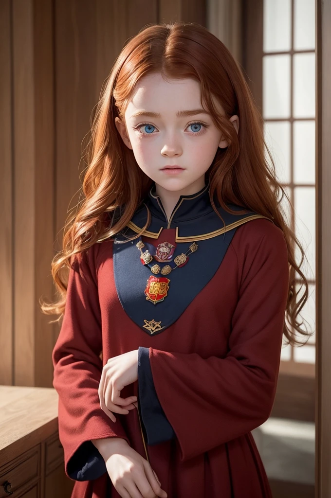 A young girl from the world of Harry Potter, short curly red hair, blue eyes and a face similar to actress sadie sink. with 1,65 tall and strong, with Gryffindor house clothes and is friends with Harry,Hermiome e Rony