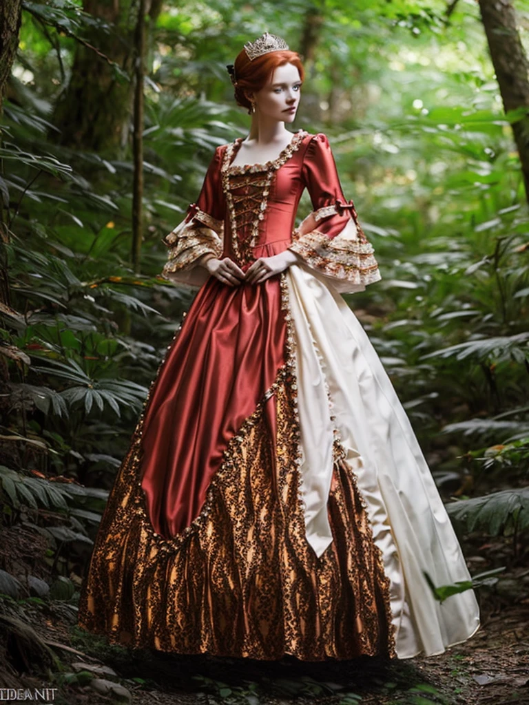 Girl 17 years old, Countess aristocrat, bright ruby red straight hair,snow-white porcelain skin, bright amber eyes, в аристакратичную fantasyйное пышное платье и черного цвета,shoes, fantasyйный мир, fantasy, In the woods, looks at the viewer, Best quality, realistic anatomy, masterpiece, a high resolution, accuracy, From head to toe.
