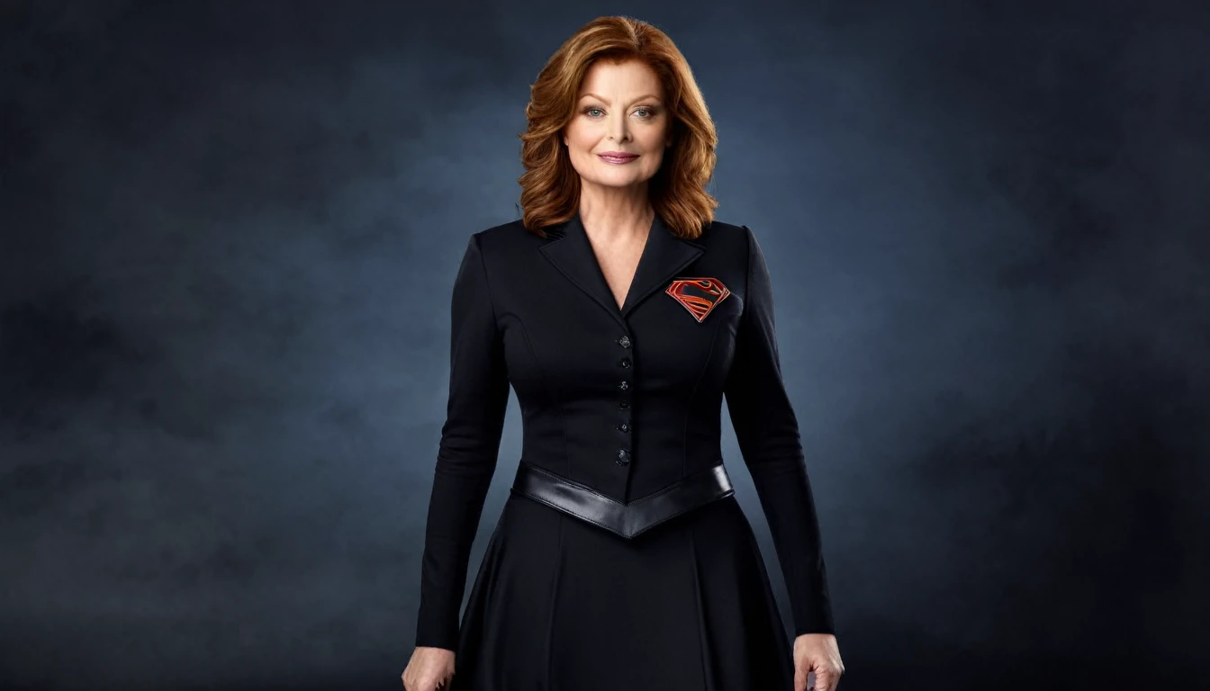 Supergirl Susan Sarandon evil gaze; sarcastic smile;  short hair;  (bad woman; malicious smile;; big fat woman; powerful; trusting; higher) em 2024 Supergirl(black uniform) ; full body