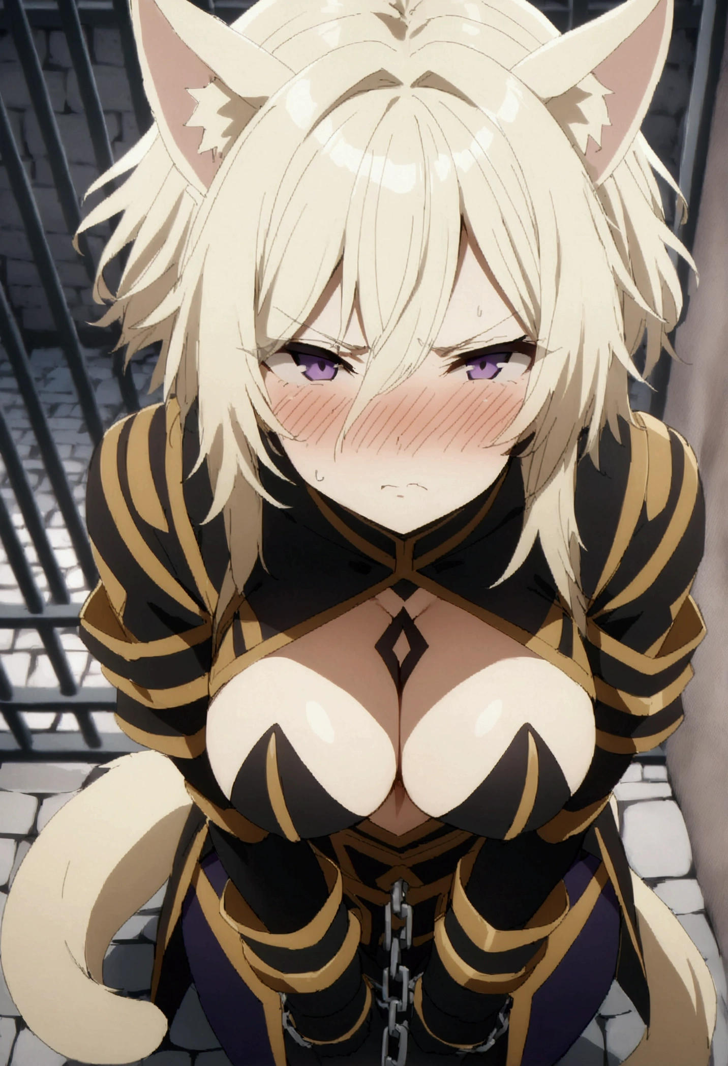 NSFW,masterpiece,Highest quality,High resolution,Very detailed,Zeta\(I want to be a powerful figure behind the scenes！\),Zeta,Animal ears、Purple Eyes、Blonde,short hair,gloves、Cleavage、tail、黒いgloves、Clothing cutouts、Cleavageの切り抜き,Both arms are chained,Raise your arms,Glare,Angry face,blush,prison,In the cage,Cobblestones