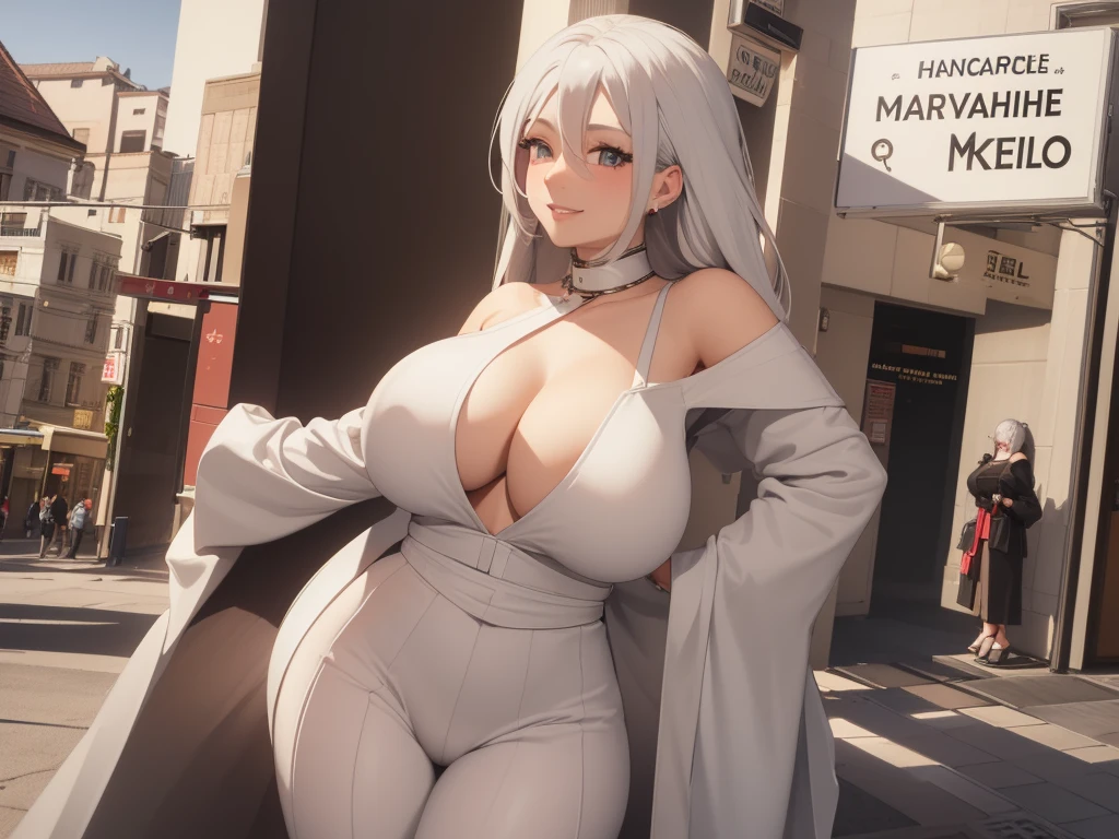 ((best quality)), ((masterpiece)), (detailed), 1 Girl, Off-shoulder sweater, ,Smiled happily,White hair,gentle,Anime style,Long hair,K cup,Revealing clothes,Showing breasts,on the street,clear nipples,Hands behind your back