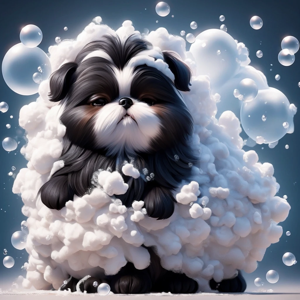 A black Shih Tzu puppy covered in shampoo bubbles。A slightly confused look、The key point is the expression of comfort with eyes closed.。