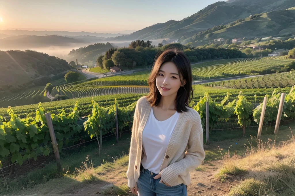 8k best picture quality, Beautiful 36-year-old Korean woman, northern italy countryside dawn, View of the cathedral next to the vineyards, The back background is realistic and vivid quality., short medium hair, A luxury brand white T-shirt that covers the chest and a high-quality short cardigan., Wear casual pants, Smile slightly. the background is clear, looking up at the front camera. Standing on a hill on a trail and looking at a foggy vineyard, Dress modestly, There is a thick fog in the early morning., Well-groomed hair, Wide angle lens full body shot, 1 woman, red morning sunlight