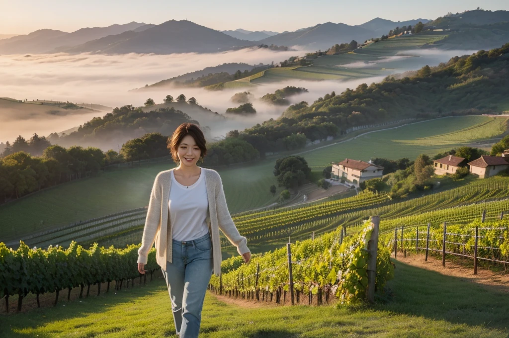 8k best picture quality, Beautiful 36-year-old Korean woman, northern italy countryside dawn, View of the cathedral next to the vineyards, The back background is realistic and vivid quality., short medium hair, A luxury brand white T-shirt that covers the chest and a high-quality short cardigan., Wear casual pants, Smile slightly. the background is clear, looking up at the front camera. Standing on a hill on a trail and looking at a foggy vineyard, Dress modestly, There is a thick fog in the early morning., Well-groomed hair, Wide angle lens full body shot, 1 woman, red morning sunlight