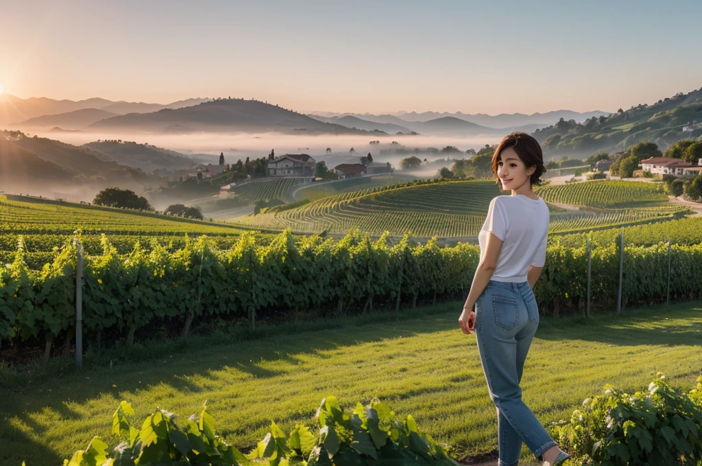 8k best picture quality, Beautiful 36-year-old Korean woman, northern italy countryside dawn, View of the cathedral next to the vineyards, The back background is realistic and vivid quality., short medium hair, A luxury brand white T-shirt that covers the chest and a high-quality short cardigan., Wear casual pants, Smile slightly. the background is clear, looking up at the front camera. Standing on a hill on a trail and looking at a foggy vineyard, Dress modestly, There is a thick fog in the early morning., Well-groomed hair, Wide angle lens full body shot, 1 woman, red morning sunlight