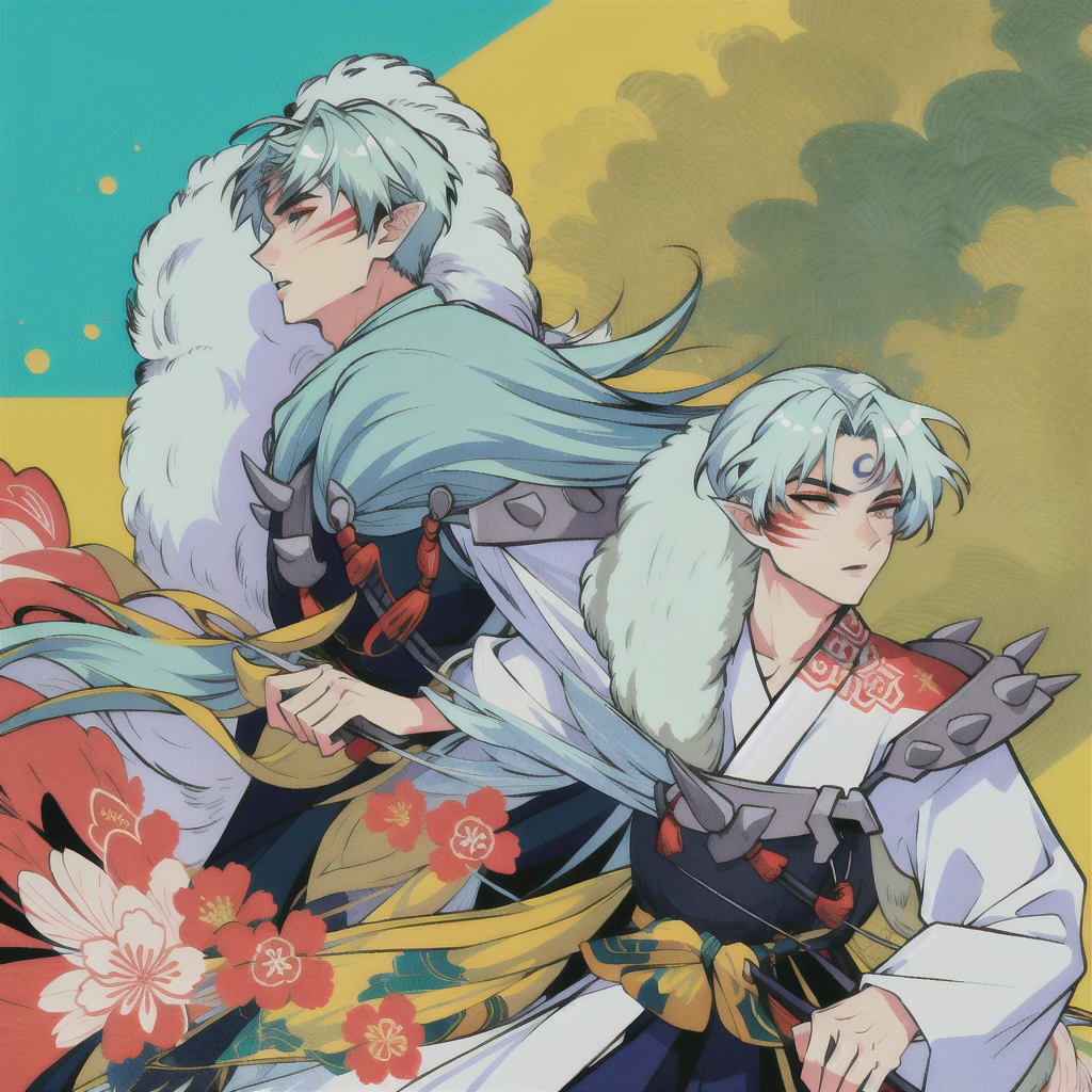 Boy green hair fox on shoulder samurai style garden background
