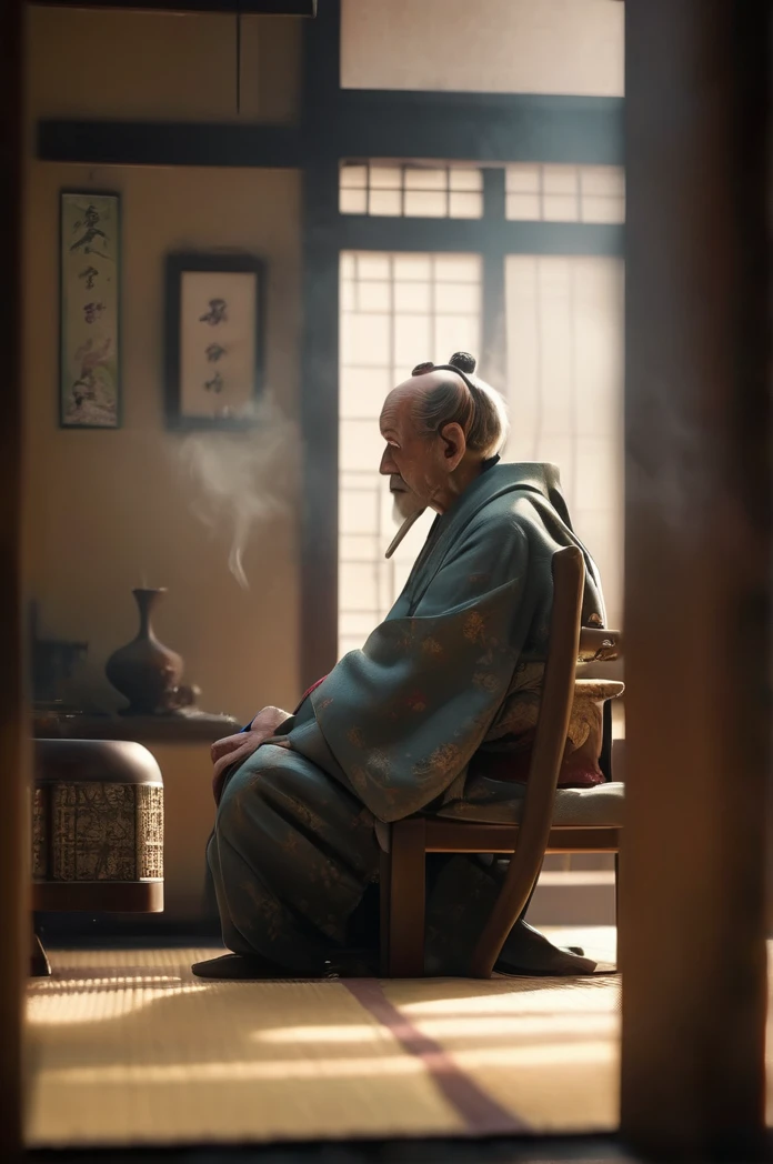 8k、Ultra HD、Inside the Japanese-style room、Has a smoking pipe、profile、Sitting upright、An old man wearing a kimono、Shallow depth of field, Vignette, Very detailed, High budget, Bokeh, CinemaScope, Sulky, amazing, nice, Film Grain, granular . Creepy, Anxious, dark, Creepyな, Suspenseful, strict, Very detailed