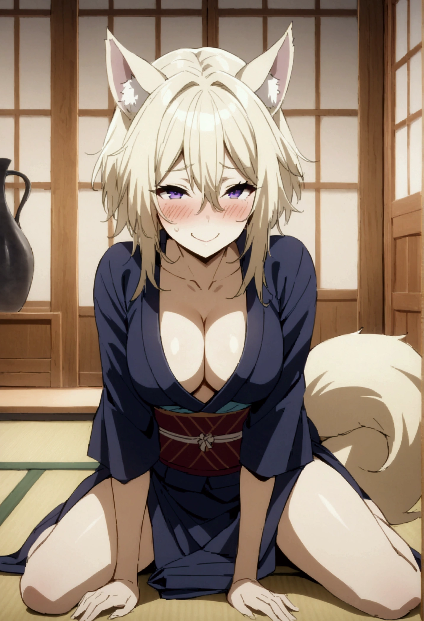 NSFW,masterpiece,Highest quality,High resolution,Very detailed,Zeta\(I want to be a powerful figure behind the scenes！\),Zeta,Animal ears、Purple Eyes,tail,Blonde,short hair,Gorgeous navy blue yukata,Cleavage,blush,Drunk,Smirking face,Intoxication,sake,Luxurious Japanese-style room,inn,futon,tatami,Shoji screen,moonlight