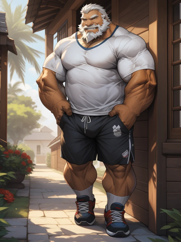 a potrait, half body, semirelistic:1.2, masterpiece, detailed face, muscular old man in front house, old man, thick arm, huge arm, bearded. white hair and beard, bearded, muscular, pectoral, wide pectoral, realistic, 8k, masterpiece, (wearing shorts and white shirt:1.3, shoes), smile