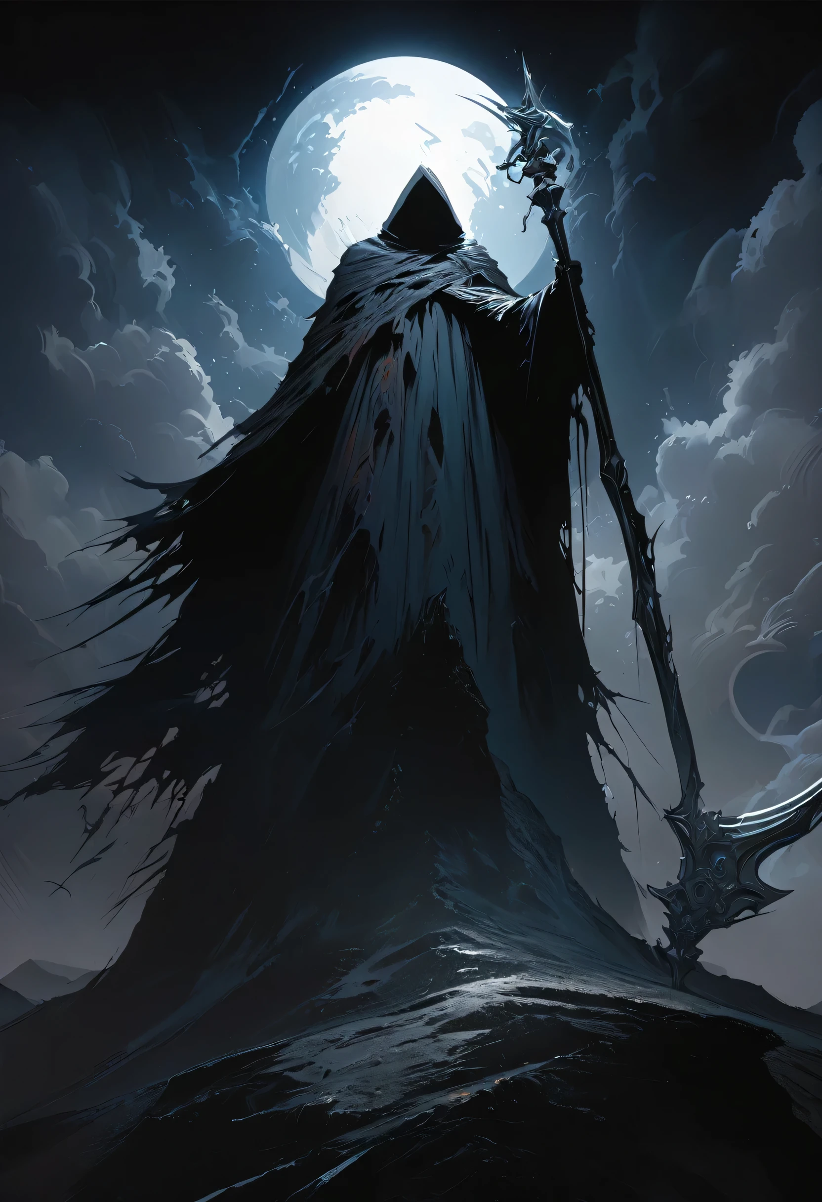 (masterpiece, best quality:1.2), Death on the Mountaintop，cloak，Holding a black scythe，moonlight，heavily clouded， Dark fantasy illustration style , Dark Arts, High contrast, Dark Shadows, Atmospheric perspective, Melancholic colors, Thin Film Component, Volumetric Lighting, number, Brushstrokes, Dramatic Lighting, Low angle shot, Surrealism, Very detailed, Surrealism