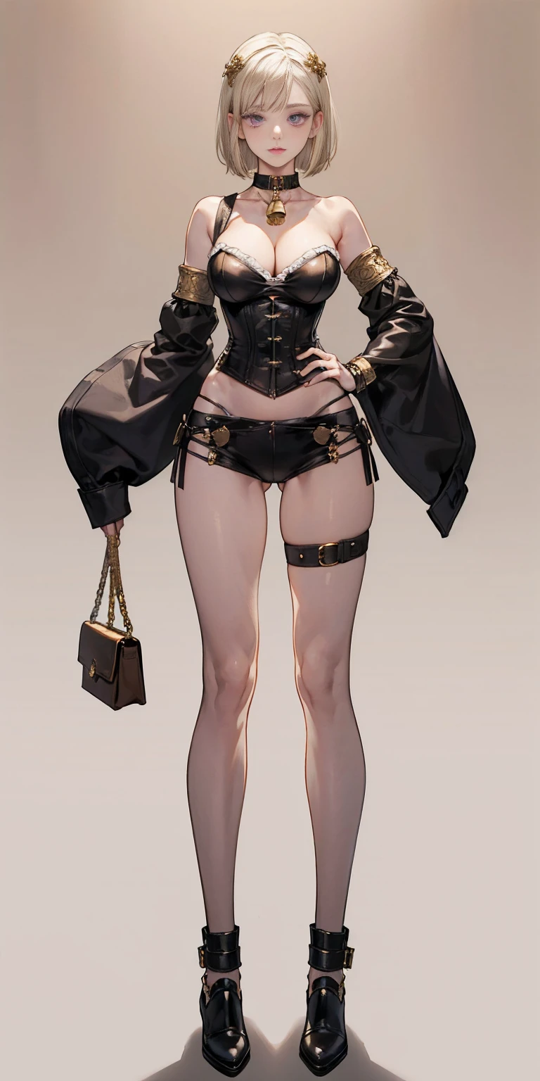 (Masterpiece, plain background:1.2) white short bob hair and skin, purple eyes, thin legs, thin body, leather corset and leather collar choker with golden neck bell, shackles wristbands bracers bracelets sleeves, bikini maid outfit, 1MILFWOMAN BIMBO full body standing symmetrical with both hands on hips, wide hips, view from below