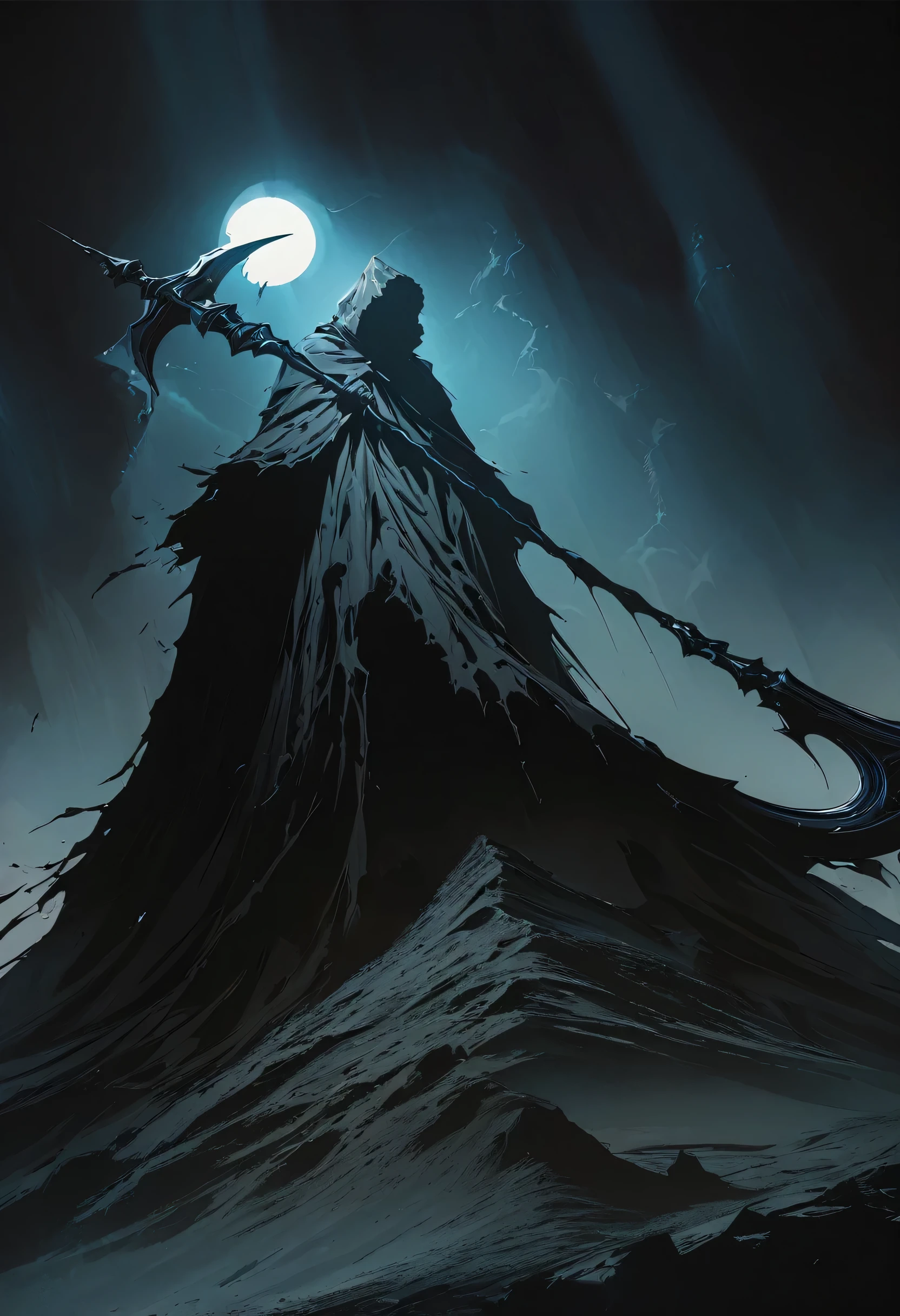 (masterpiece, best quality:1.2), Death on the Mountaintop,cloak,Holding a black scythe,moonlight,heavily clouded, Dark fantasy illustration style , Dark Arts, High contrast, Dark Shadows, Atmospheric perspective, Melancholic colors, Thin Film Component, Volumetric Lighting, number, Brushstrokes, Dramatic Lighting, Low angle shot, Surrealism, Very detailed, Surrealism