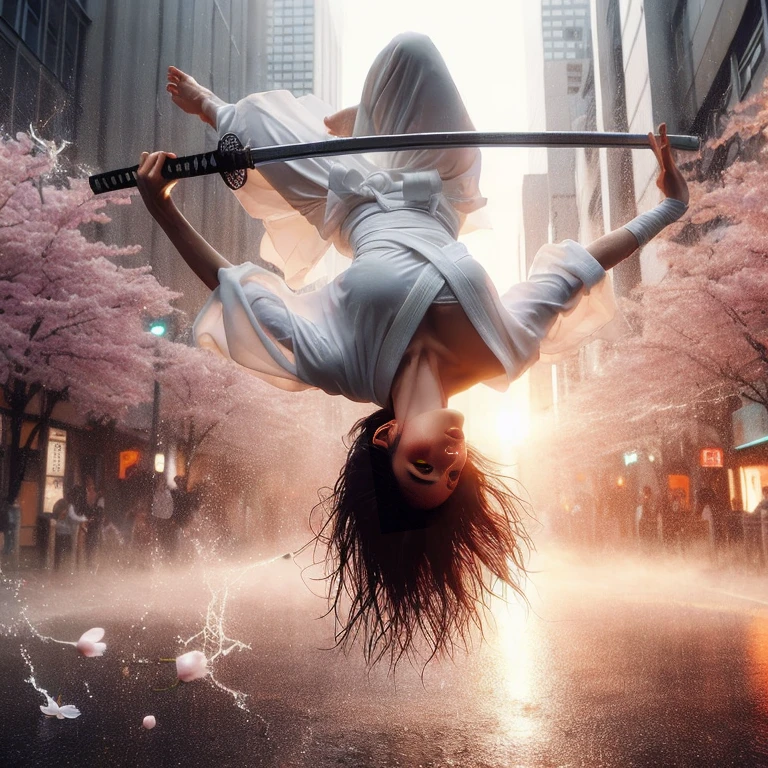 Super High Angle Shots, Beautiful women tribe,With a white sword,A spectacular somersault in the city, Wearing a thin white shirt,sunrise, Falling cherry blossoms and city streets in the background,Perfectly balanced body, rainy atmosphere,Amazing water splash effect with sword movements, cigarette,Ultra HD 32K,Detailed and complex, Light focused on face, Super detail of the face,Surreal, Surreal写真, Front lighting.