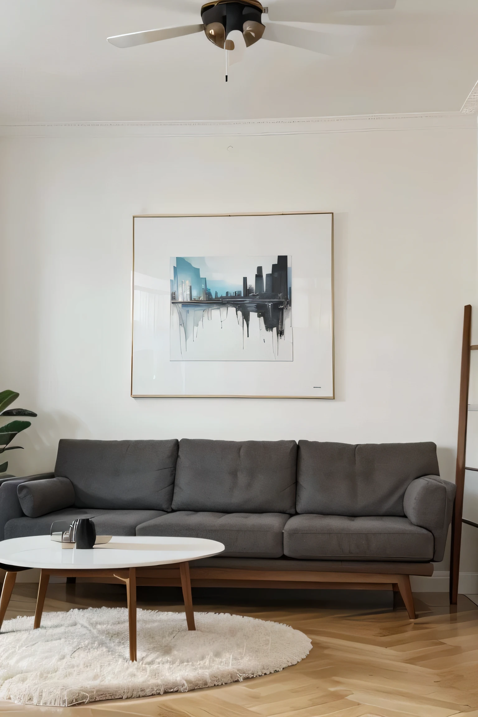 make a modern room with furniture. living room. middle of the day. good lighting. realistic. big painting in the middle. vertical painting. minimalistic room.