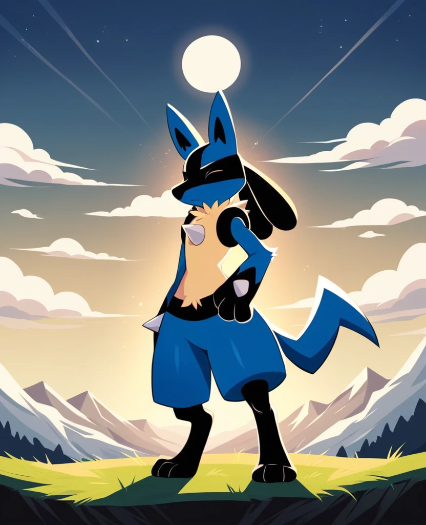 Lucario, Pokémon, full body surrounded by rays, the character must be looking at the sky, Mountainous landscape with the moon on top of a mountain, design original de pokémon, until, standing alone, Night with rays, moment of emotional solitude sitting wearing a maid outfit kissing an Evee 