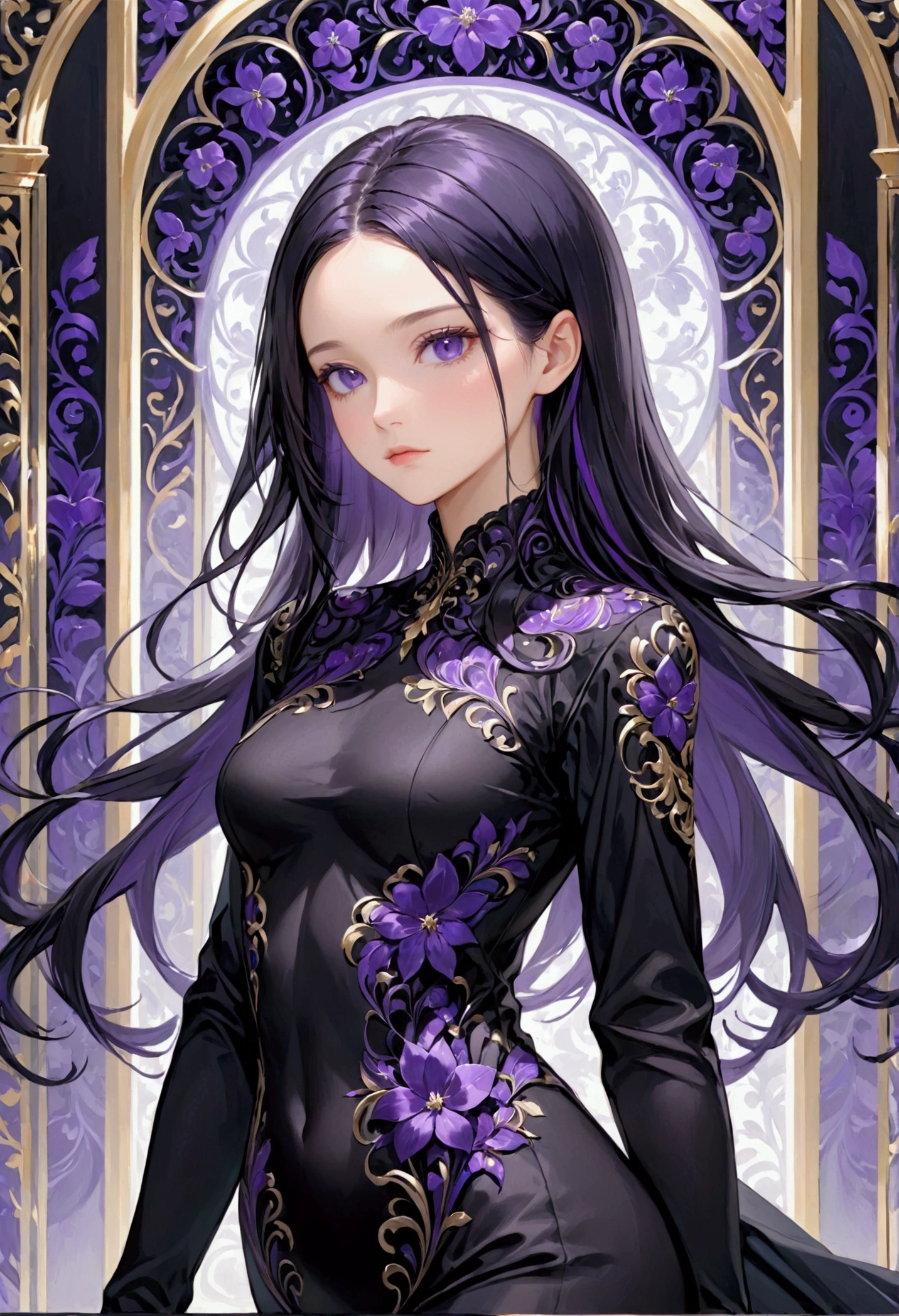 young woman with long dark onyx hair that has purple highlights,deep violet eyes, rectangle body figure,wearing an elegant black outfit