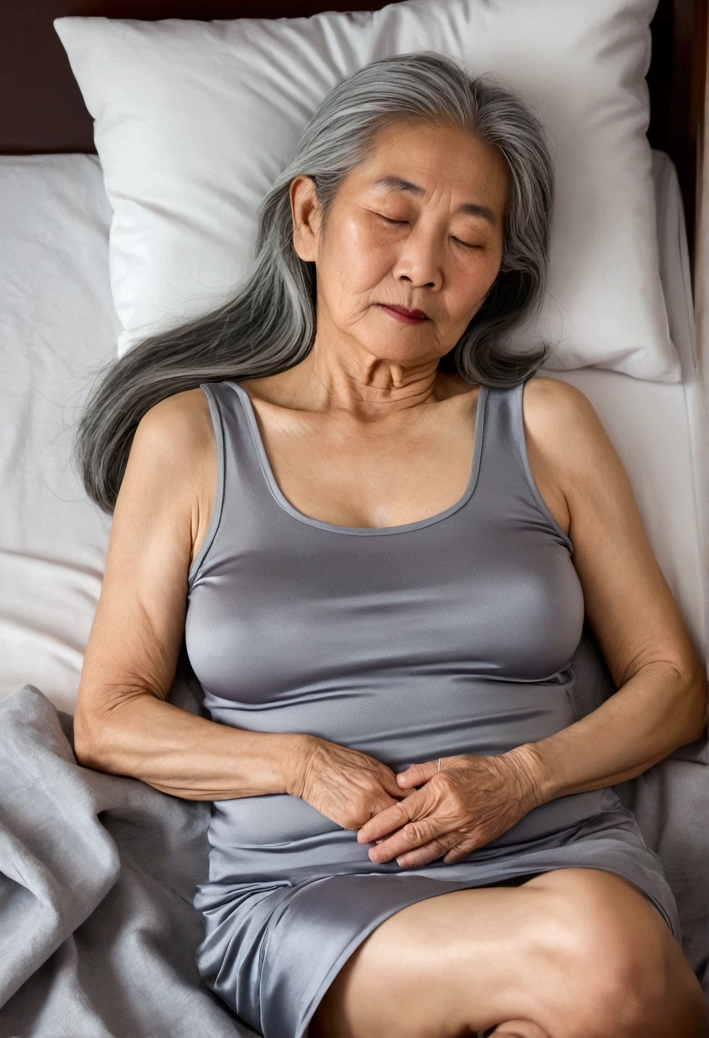 70 year old Chinese grandmother, big nose, lying down to sleep on the bed. Long gray hair. which. big breasts. Wearing a thin singlet and side-slit mini skirt