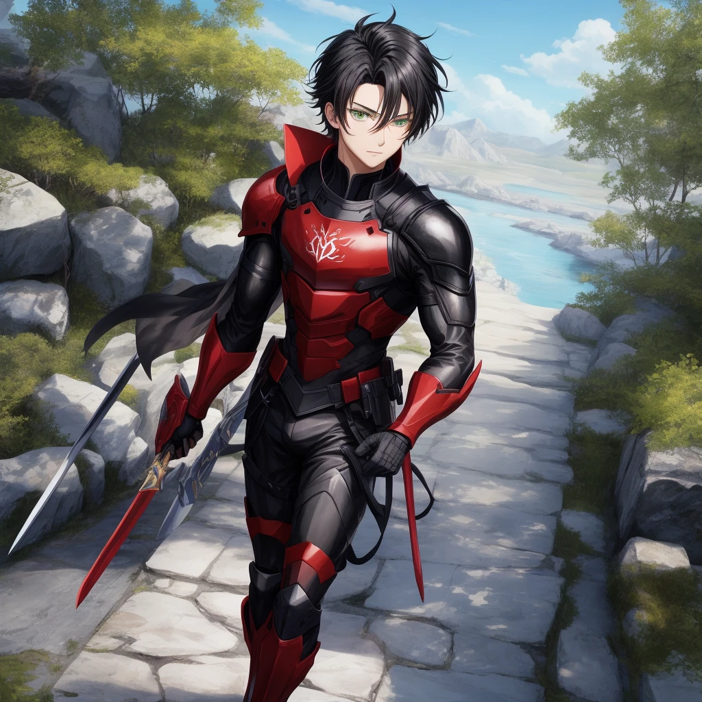 Anime, 18 year old boy, {perfect, detailed face}, {black hair}, {green eyes}, {full, detailed body}, {detailed black and red armor}, {from the front}, {looking at camera}, {dynamic posture},{walking towards the viewer},{White stone floor},[forest in the background}, {Blue sky} 