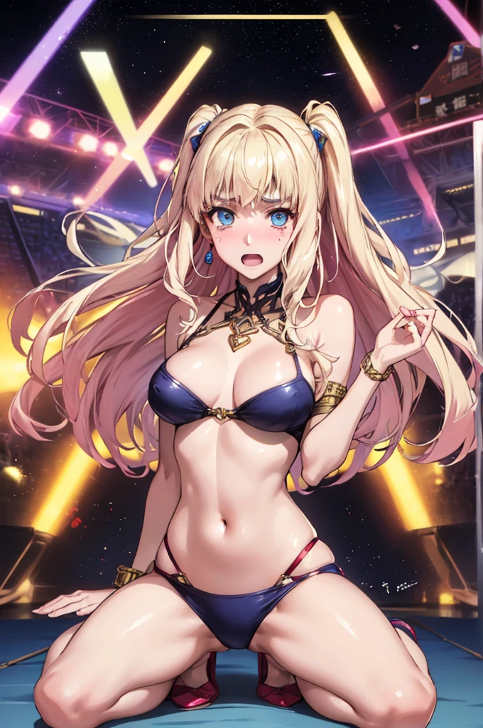 ((8k)), ((32K)), ((Highest quality)), ((masterpiece)), ((Ultra-high resolution)), ((Tmasterpiece)), (((from the front:1.6)))、((8k)), ((32K)), ((Highest quality)), ((masterpiece)), ((Ultra-high resolution)), masterpiece, Highest quality, Ultra-high resolution, Highest quality, anime調, Best writing, Beautiful Face, (anime:1.1), Highest quality, masterpiece, (((Line of sight(chest)、perspective(chest)、Face direction(Down)Eyeball angle(Down))))、1 girl, Shelley Nome, Colorful Hair, Blonde, Pink Hair, Gradient Hair Long Hair, Big Breasts, blue eyes, Mature Woman, Looking at the audience, Sheryl Nome ,Costume ,Macross F, anime, Cosplay, Galactic Fairy, ステージCostume ,Fashion Stage、Spotlight、Giant screen(映し出されるNipples,Multiple sheets)、Nipples、Expose、The spectators cheer,From before,Uplifting,Nipplesポロリ,Clothes get torn,expression(blush,tears,cry)shame、feel、cry、Struggling、narration、Commentary、Nipples勃起、Delighted fans、A packed venue、Penlight、Professionalism、live、pride、growing up、worries、distress、performance、effort、panic、trouble、Nipples、accident、chestを隠す、I try to hide it but I can't、(Photograph the whole body)(looking down:1.2),Create a detailed and realistic illustration of Sheryl Nome from Macross Frontier. She should have long, wavy blonde hair and blue eyes. Her skin should be fair. Please dress her in her iconic gold stage outfit from the "Lion" performance, including large earrings, bracelets, and a necklace. She should be holding a microphone and singing with one hand raised, showing a confident smile. The background should depict a concert stage with spotlights and silhouettes of the audience. The art style should be realistic with detailed features, maintaining the anime influence but with a realistic touch.