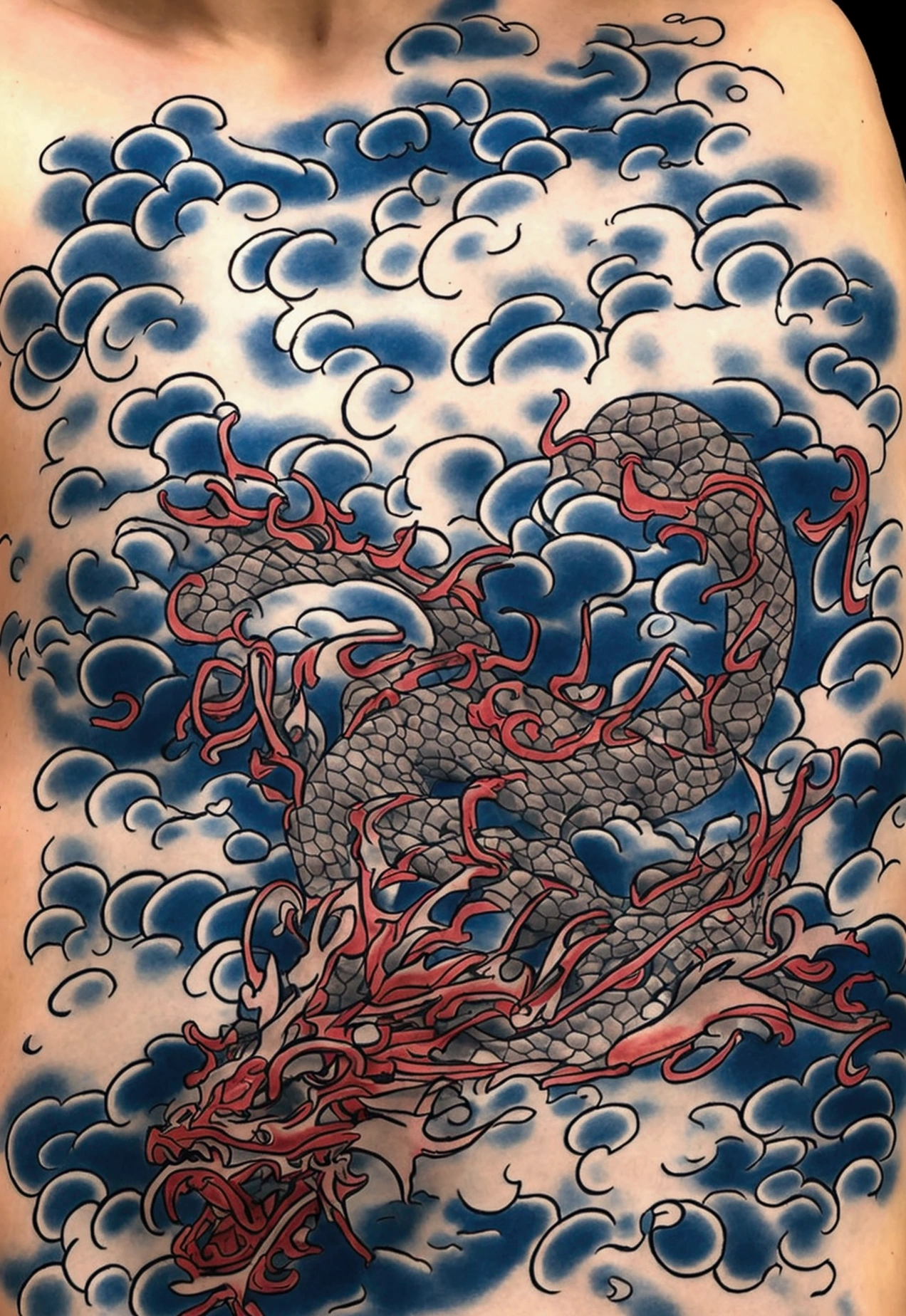 traditional Japanese tattoo, dragon, clouds,