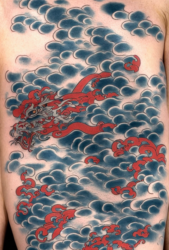traditional Japanese tattoo, dragon, clouds,