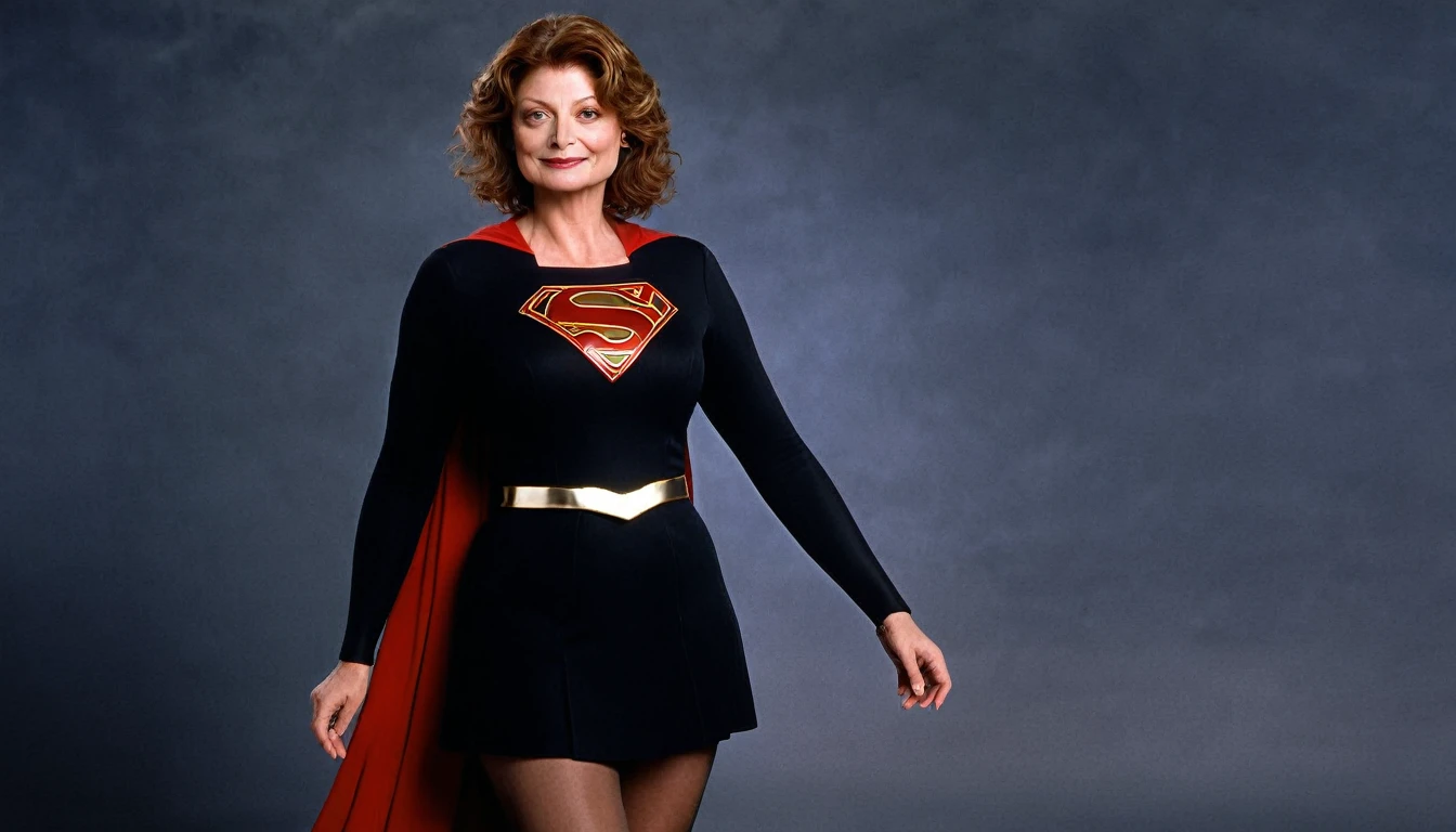 Supergirl Susan Sarandon;  evil gaze; sarcastic smile;  short hair;  (bad woman; malicious smile;; big fat woman; powerful; trusting; higher) em 2024 Supergirl 1984s(black uniform) ; full body