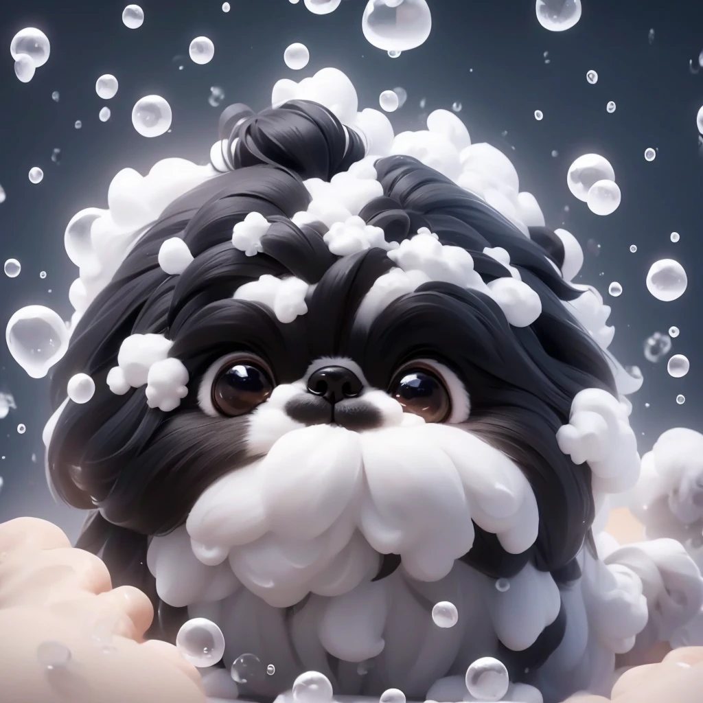 A tiny solid black Shih Tzu puppy covered in shampoo bubbles。A slightly confused look、The key point is the expression of comfort with eyes closed.。