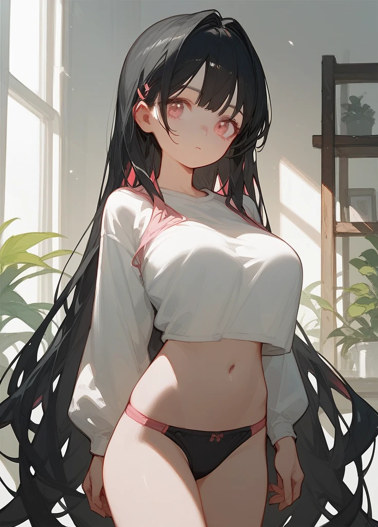 One girl, Black Hair, Large Breasts, Pink eyes, Bangs, Very long hair, Straight Hair, Illustration, anime, anime風, ,Young,Red face, underwear