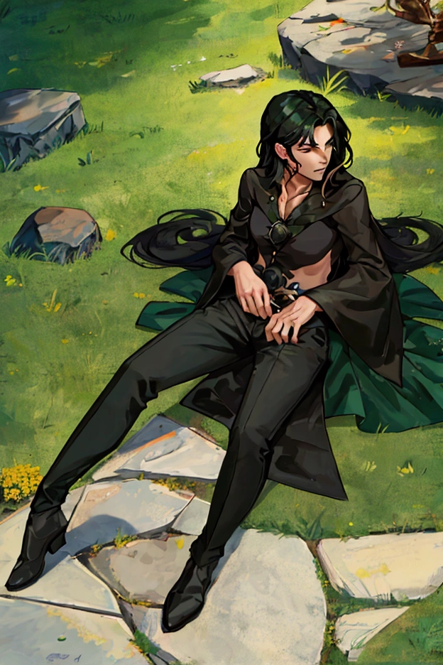 A guy with long black hair looks up at the sky with his green eyes