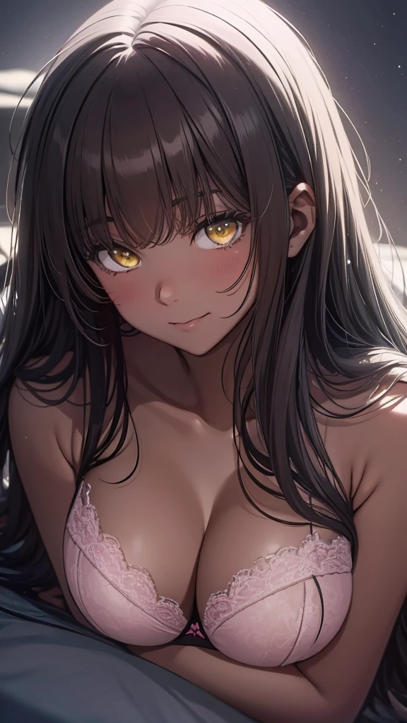 Masterpiece, best quality, UHD night backround, long black hair, halo, bangs, yellow eyes, (( pink bra )), big tits, blushing, little smile, face close-up, lying down, soft lighting, night, midnight