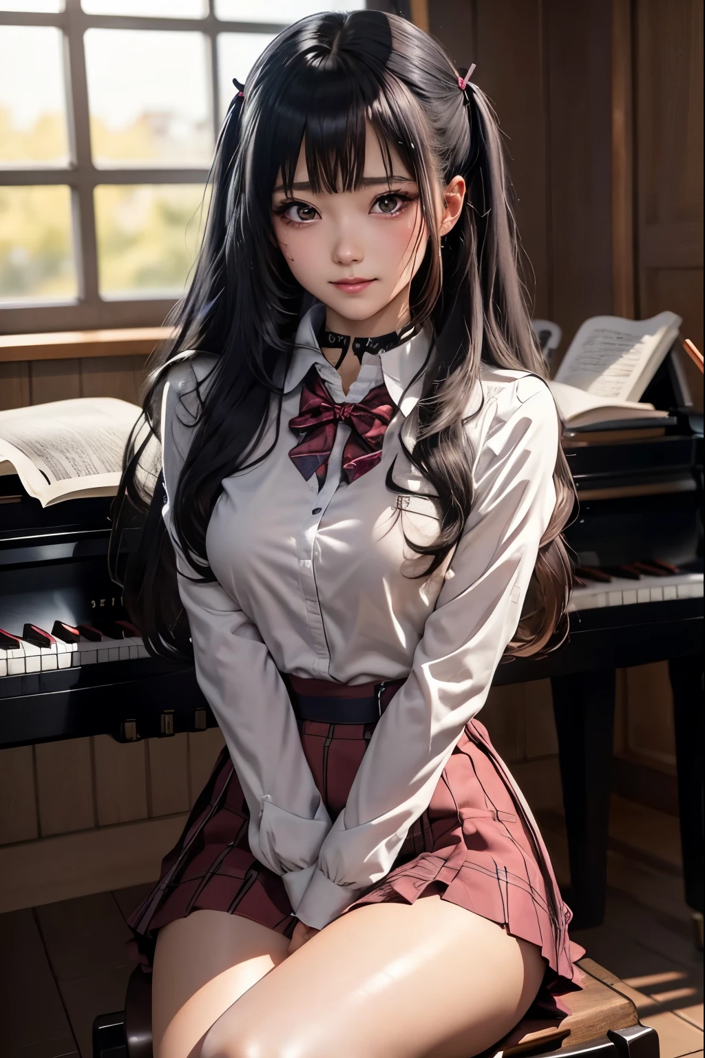 high school girlブレザー、high school girl、Red Check Skirt、JK Style、Jacket、smile、garter、Knee socks、Panty stocking、Otherworldly beauty、Extraordinarily cute、boredom、unusual beauty、Black dark eyeshadow、Sadness、Good skin glow、Long Hair Straight Hair、Dark Gothic Makeup、Dark smile、Beautiful woman、Stained Glass Background、On the table、Best Quality、5 reference books、Sweat glistens on my chest、Sweat glistens on my face、Thigh sweat、sweating、Black frills East size Regular size、Dark pink hair、Age 22 years old、Sweat sticks to my thighy thighs sweat a lot and get sticky.、Thighs are sticky and shiny、Sweating on thighs and chest、Chest size: S、Slightly slim、全身sweating、play piano、sit and play an instrument、The legs are thin、