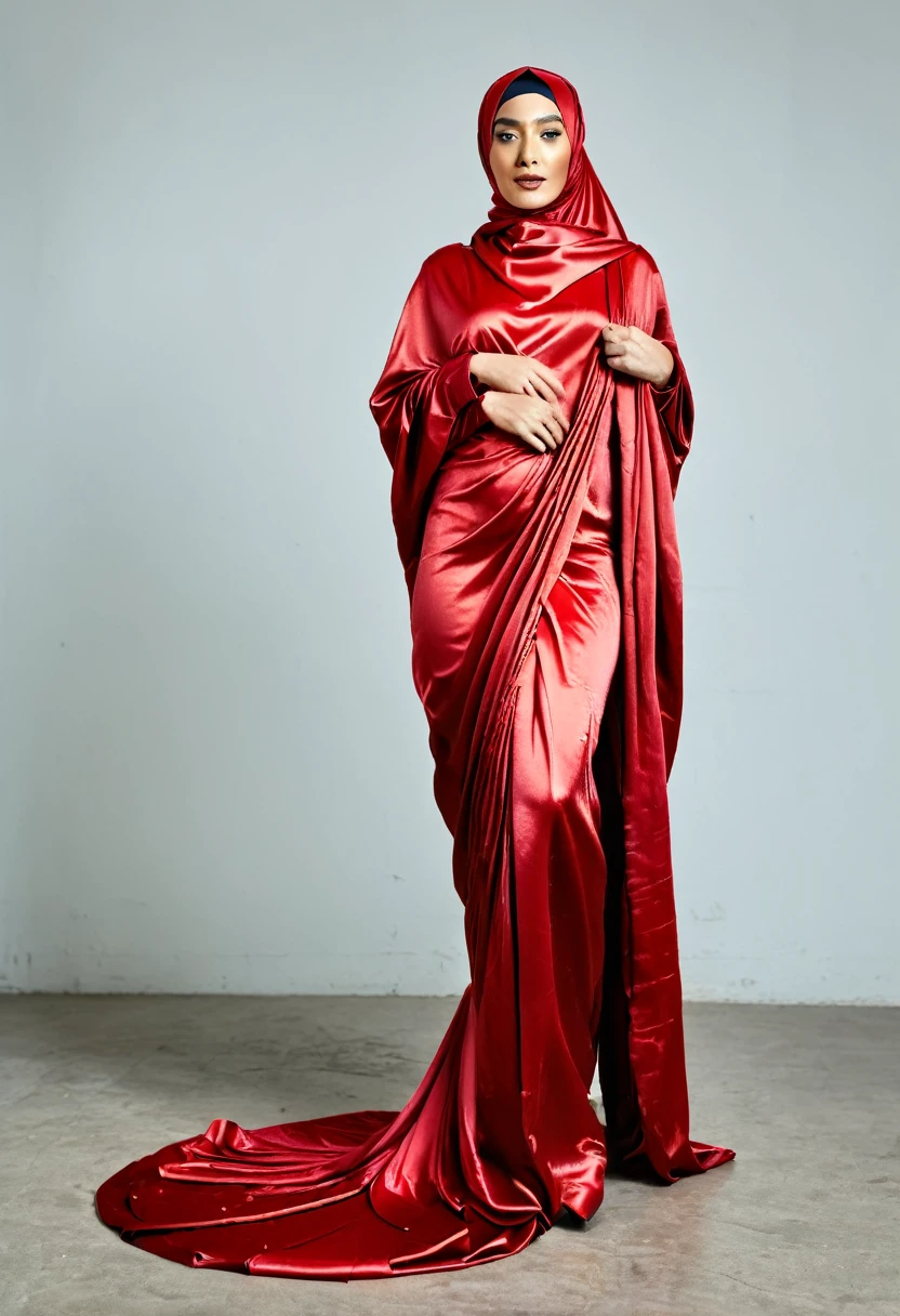 a woman covered in large red satin cloth, tied tight with the satin, mummified in satin, very long cloth, shape like mermaid gown, tight in leg, wearing a satin hijab, the satin cloth is very wide, forming the curve of the body, flowy dramatic train gown, double long satin sheet, strugle to move,full body,masterpice, 4k resolution, ultra-realistic, highly detail.