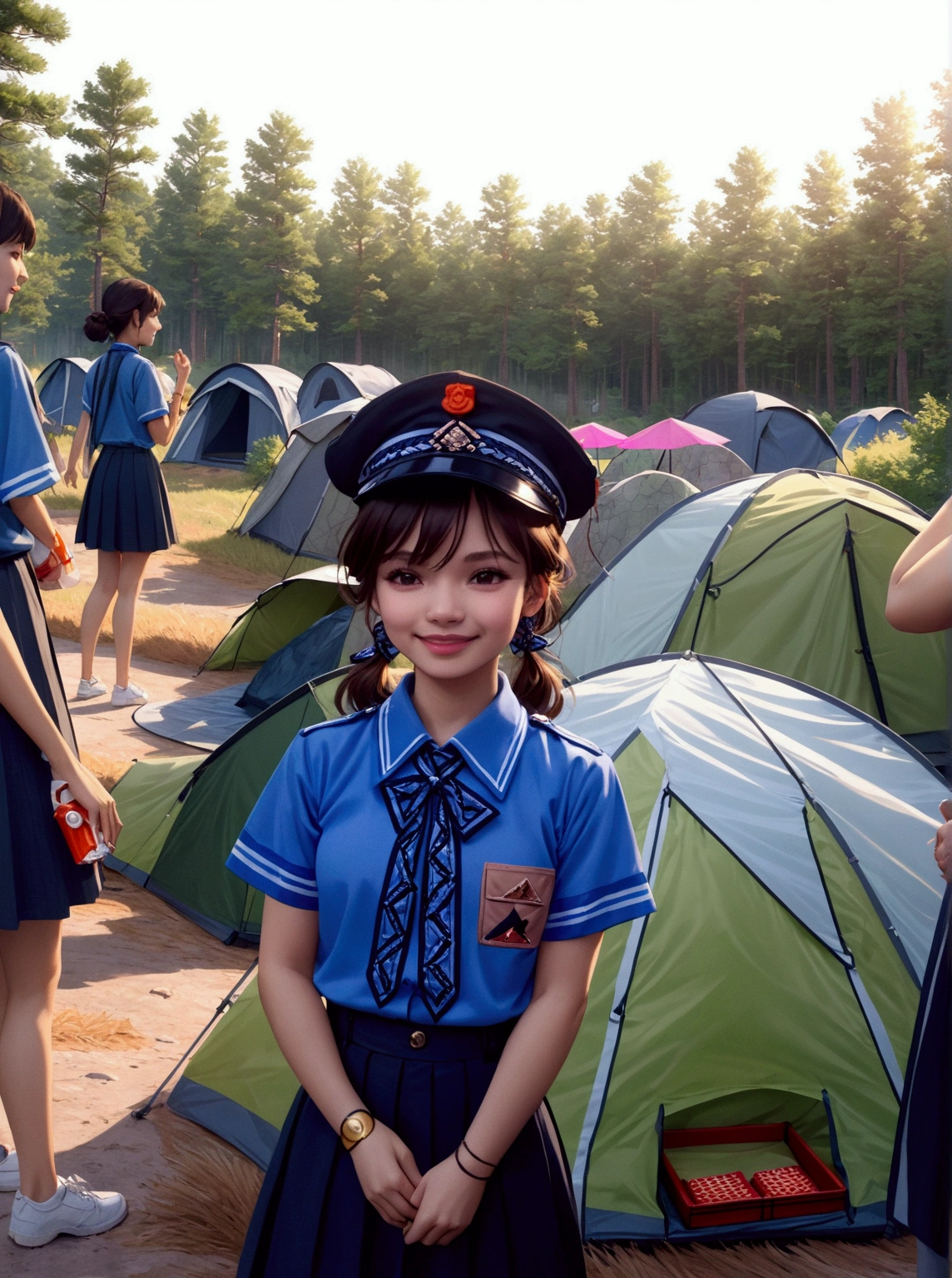 A smiling girl, detailed face and eyes, long eyelashes, beautiful detailed lips, cute expression, outdoor campsite, nature landscape, pine trees, rocks, mountains, blue sky, fluffy clouds, golden hour lighting, cinematic, detailed environment, high quality, masterpiece