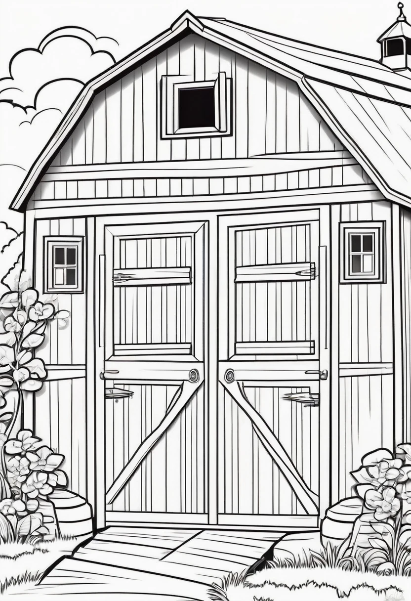 coloring page for kids, Big red barn with open doors, cartoon style, thick lines