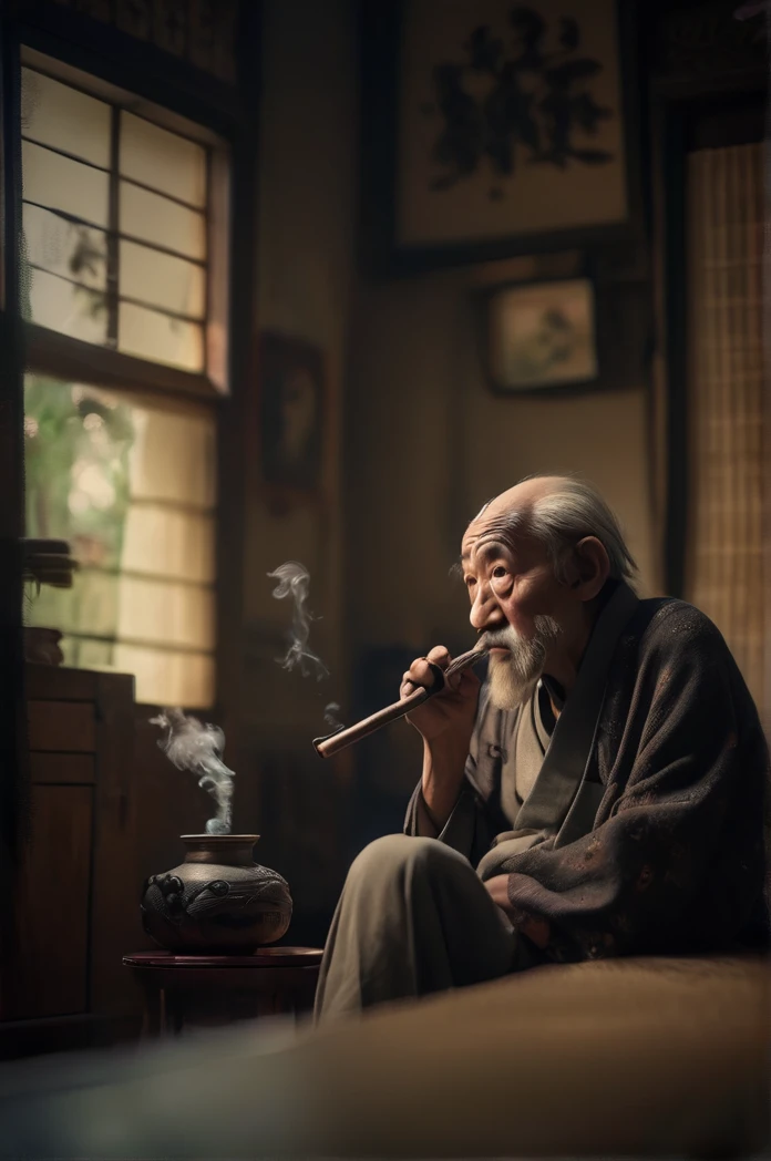 8k、Ultra HD、Inside the Japanese-style room、Has a smoking pipe、profile、Sitting upright、Skinny old man、Shallow depth of field, Vignette, Very detailed, High budget, Bokeh, CinemaScope, Sulky, amazing, nice, Film Grain, granular . Creepy, Anxious, dark, Creepyな, Suspenseful, strict, Very detailed