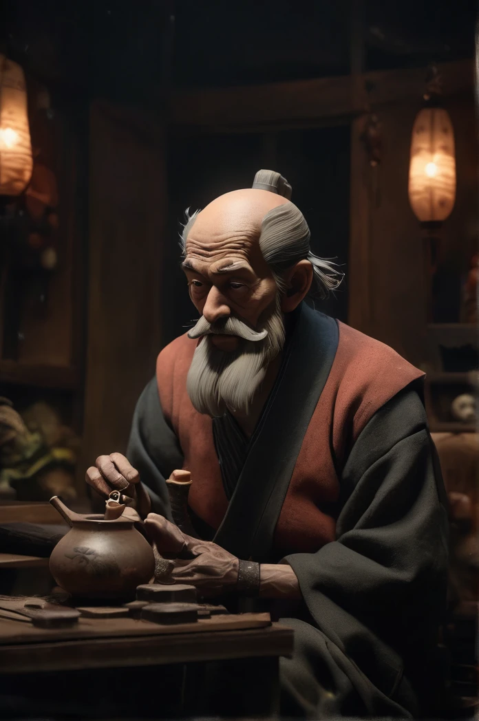 8k、Ultra HD、Inside the Japanese-style room、Has a smoking pipe、profile、Sitting upright、Skinny old man、Shallow depth of field, Vignette, Very detailed, High budget, Bokeh, CinemaScope, Sulky, amazing, nice, Film Grain, granular . Creepy, Anxious, dark, Creepyな, Suspenseful, strict, Very detailed