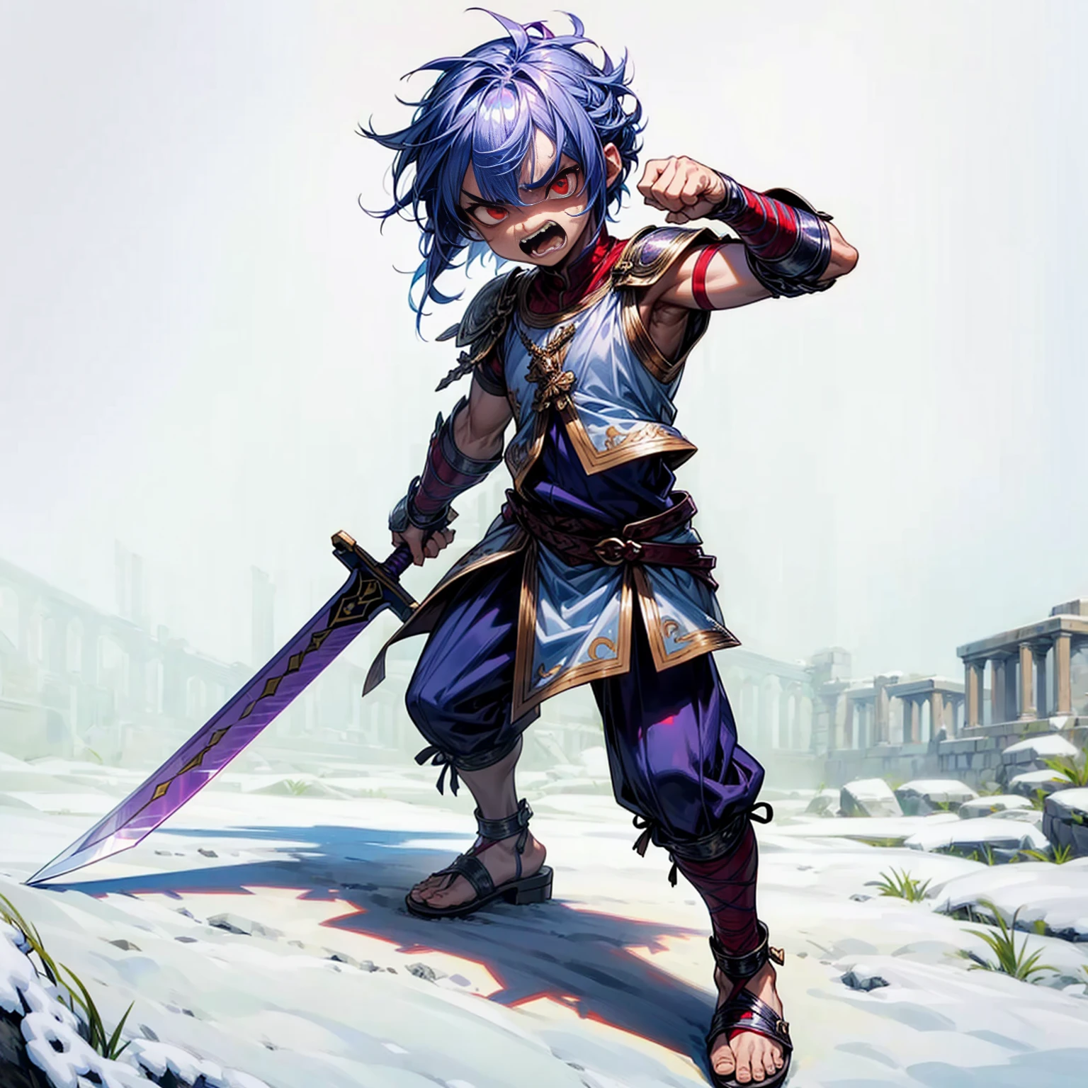 1boys orc, Full body version, red eyes, purple colour skins, angry eyes, cut hair, blue colour hair, angry expression, ancient greek clothing, gladiator sandals, Rapier sword in hand, small shield, silver armor vest, Grassroots background in snow, sunlight, sun, war gesture 