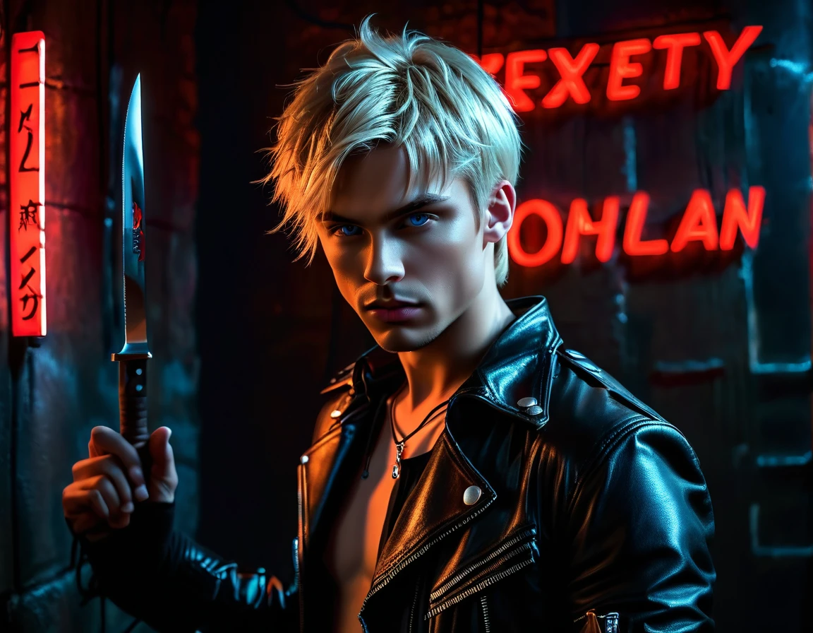Hyper realistic, dark vibes, solo, young man, round face, 22 years, pale skin, blue eyes, (short cropped textured blond hair:1.1), tussled side swept fringe to the right, black leather jacket, (holding knife:1.1), dark lighting, standing inside BDSM dungeon room background, foreboding, sexy, attractive, demon, incubus, evil, dark, sadistic expression (smirk:1.1), (red neon sign in background that says "CONTEXT":1.1)