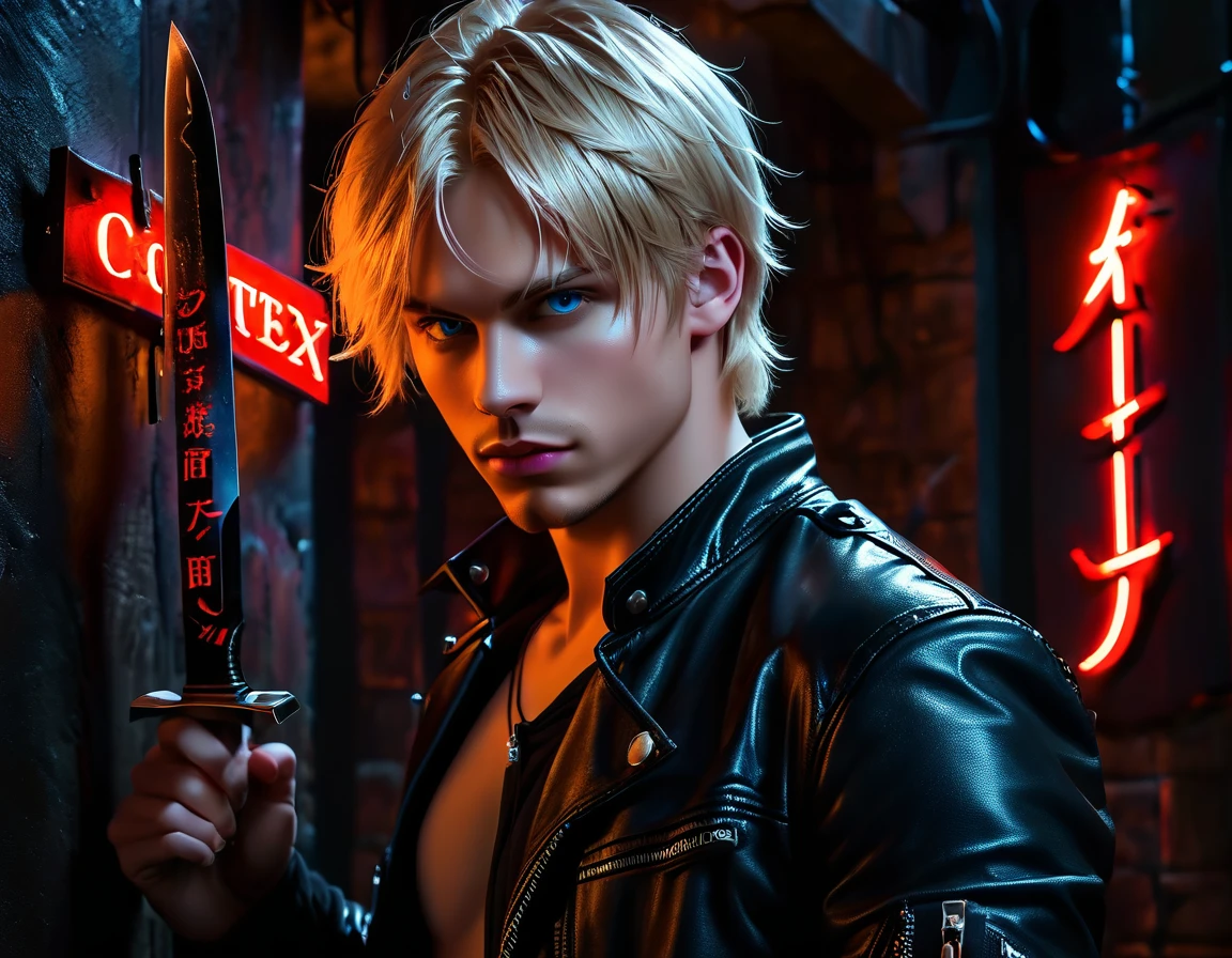 Hyper realistic, dark vibes, solo, young man, round face, 22 years, pale skin, blue eyes, (short cropped textured blond hair:1.1), tussled side swept fringe to the right, black leather jacket, (holding knife:1.1), dark lighting, standing inside BDSM dungeon room background, foreboding, sexy, attractive, demon, incubus, evil, dark, sadistic expression (smirk:1.1), (red neon sign in background that says "CONTEXT":1.1)