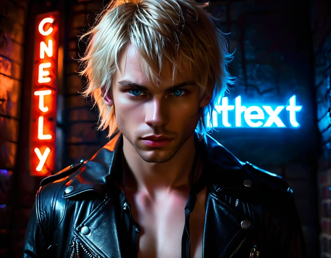 Hyper realistic, dark vibes, solo, young man, round face, 22 years, pale skin, blue eyes, (short cropped textured blond hair:1.1), tussled side swept fringe to the right, black leather jacket, (holding knife:1.1), dark lighting, standing inside BDSM dungeon room background, foreboding, sexy, attractive, demon, incubus, evil, dark, sadistic expression (smirk:1.1), (red neon sign in background that says "CONTEXT":1.1)