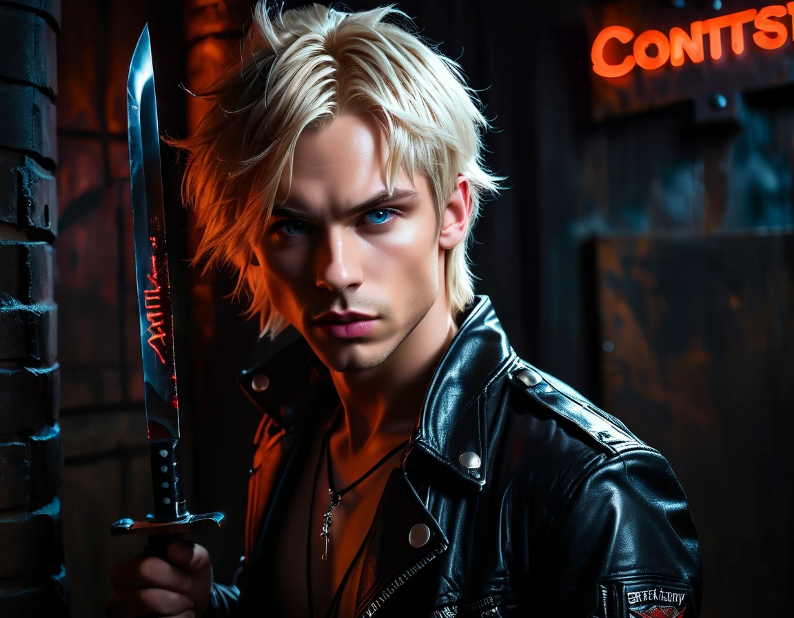 Hyper realistic, dark vibes, solo, young man, round face, 22 years, pale skin, blue eyes, (short cropped textured blond hair:1.1), tussled side swept fringe to the right, black leather jacket, (holding knife:1.1), dark lighting, standing inside BDSM dungeon room background, foreboding, sexy, attractive, demon, incubus, evil, dark, sadistic expression (smirk:1.1), (red neon sign in background that says "CONTEXT":1.1)