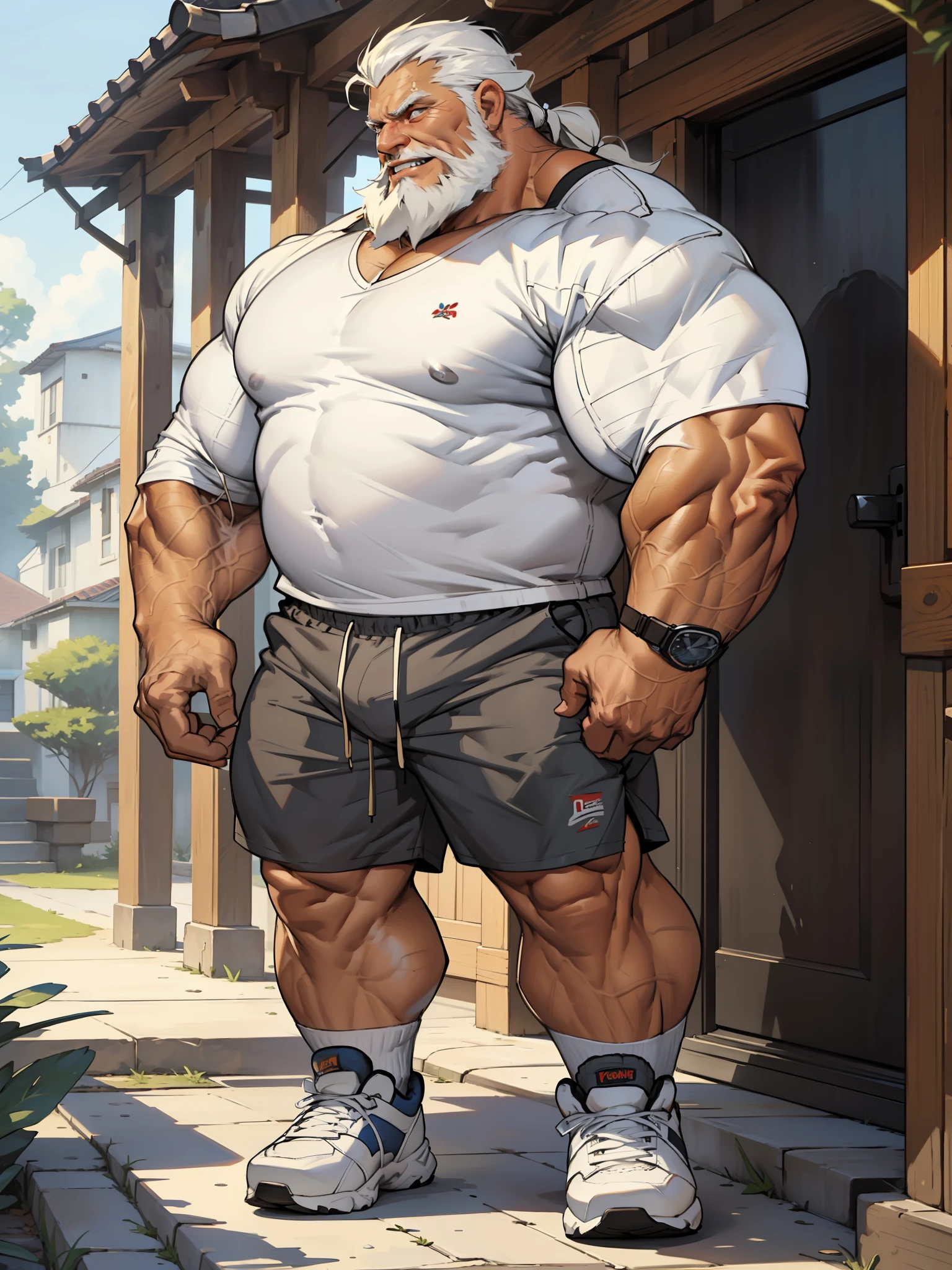 a potrait, half body, semirelistic:1.2, masterpiece, detailed face, muscular old man in front house, old man, thick arm, huge arm, bearded. white hair and beard, bearded, muscular, pectoral, wide pectoral, realistic, 8k, masterpiece, (wearing shorts and white shirt:1.3, shoes), smile